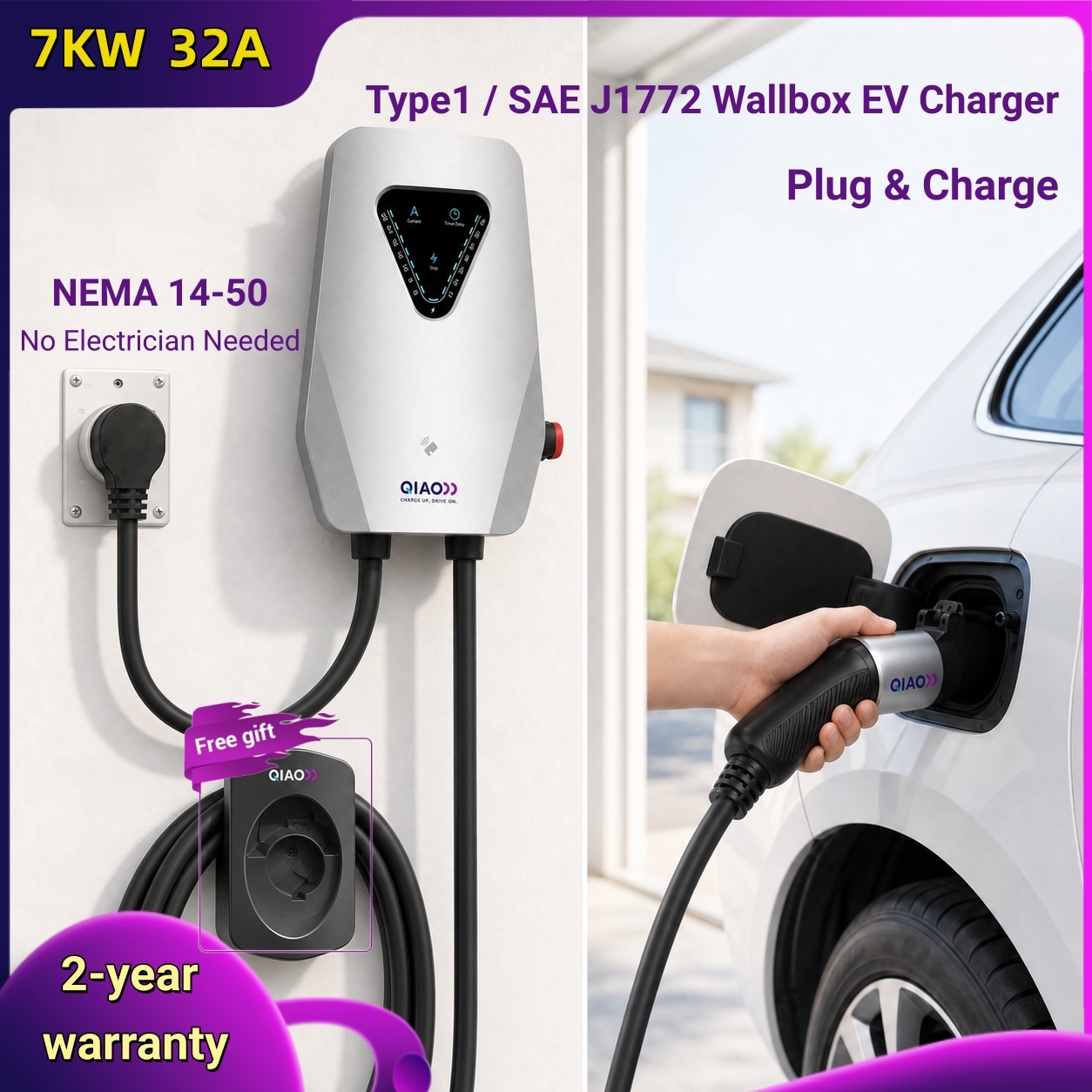 J1772 Evse 32A Level 2 Charger - 7KW 32A Type1 SAE J1772 Wallbox