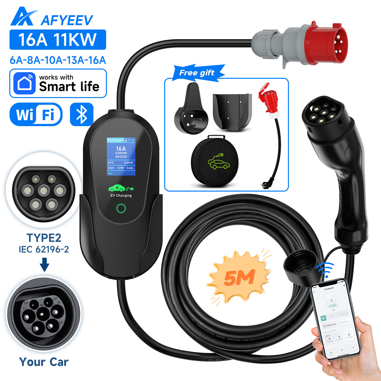 Type 2 Portable Ev Charger 11Kw Cee - AFYEEV Type2 Portable EV Charger 11KW